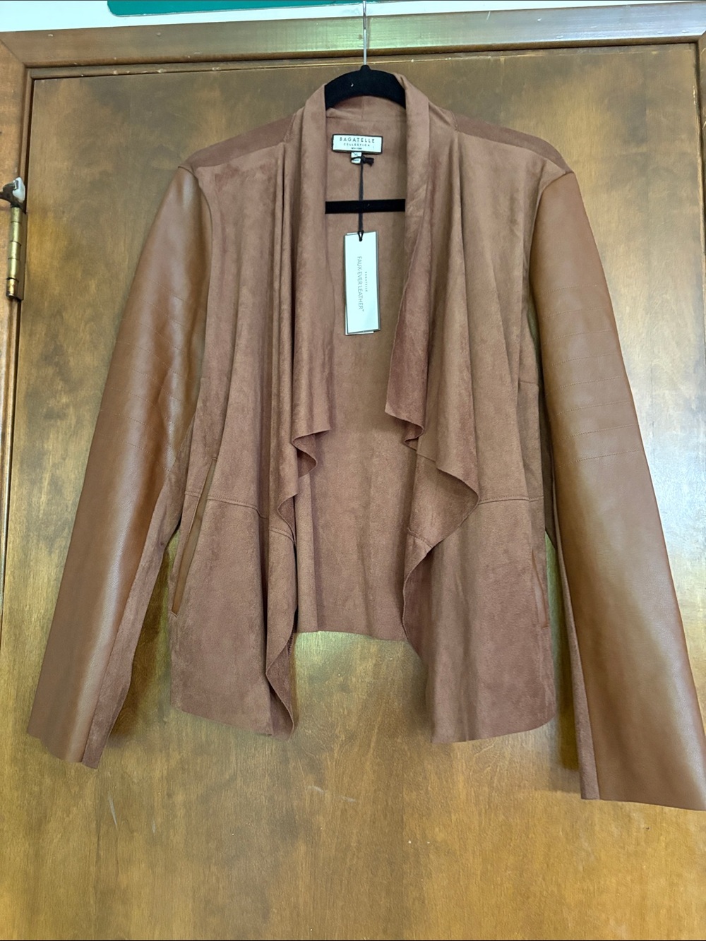 Bagatelle XL Chestnut Brown Suede Front Leather-Sleeve Draped Jacket NWT